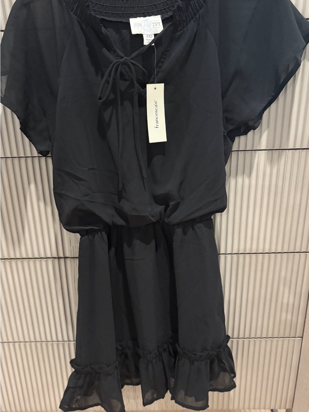 Jun & Ivy Black Tie-Neck Ruffle Mini Dress